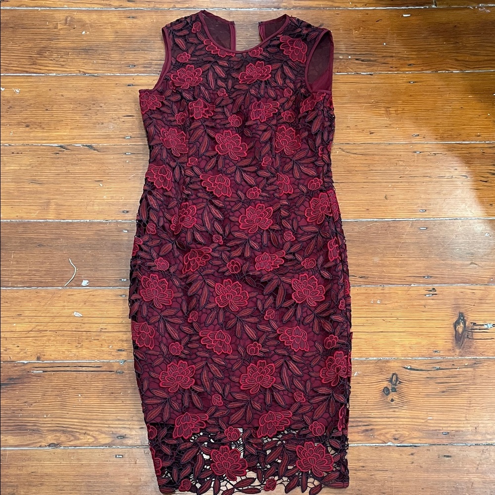 White House Black Market Burgundy Floral Lace Midi Dress